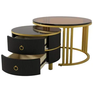 Odikalo Couchtisch 2-in-1 Beistelltisch Teetisch MDF Rund Marmor 2 Schubladen Mehrfarbig schwarz