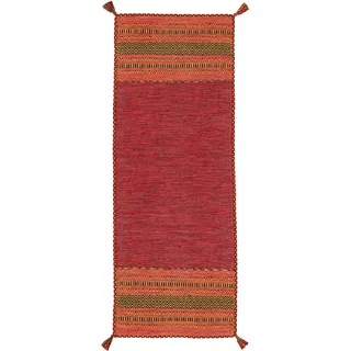 Läufer CARPETFINE "Kelim Azizi" Teppiche Gr. B/L: 80 cm x 400 cm, 5 mm, 1 St., rot Kurzflor-Läufer Baumwolle, Wendeteppich mit Fransen, Wohnzimmer
