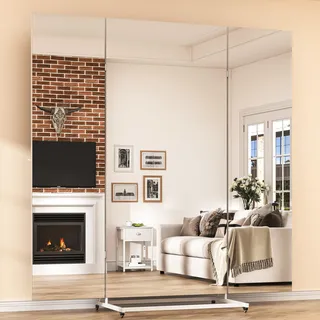Hasipu 180 x 180cm Dreifachklappbarer Standspiegel, 360° Drehbar Ganzkörperspiegel mit Rollen, Fitness Tanzspiegel für Schlafzimmer Ankleidezimmer