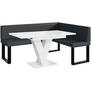 MEBLINI Eckbank für Esszimmer mit ausziehbarem Tisch - Küchenbank - Essecke - Sitzecke Küche - Toni - U-Beine 128x168x87cm Rechts - Dunkelgrau Kunstleder/M Weiß Hochgl.