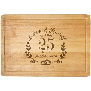 Casa Vivente Schneidebrett mit Gravur zur Silberhochzeit und Ring Motiv, Personalisiert mit Namen und Datum, Geschenkidee für Paare