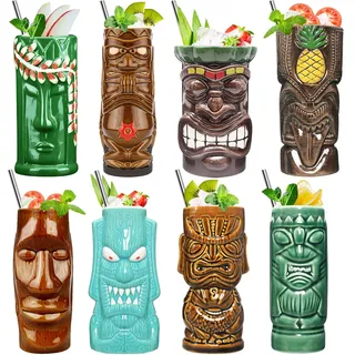 Tiki Mugs Set 8 Keramik Becher Hawaii Cocktail Tiki Bar Party Gläser | 8-teiliges Keramik-Set für Tiki-Cocktails. Spülmaschinenfest, für Hawaii-Party, Tiki-Bar & Geschenk