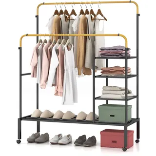 COSTWAY Kleiderständer auf Rollen mit 2 Kleiderstangen, Garderobenständer höhenverstellbar mit 3 Lagen Seitenablagen & Schuhregal, Mantelständer Metall 100kg Tragkraft, 135 x 54 x 170cm (Gold)