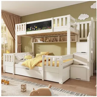 BlingBin Etagenbett Hochbett Stockbett Jugendbett (1-St., 90/140 x 200 cm, Massivholz & MDF, Weiß/Natur, ideal für Kinderzimmer), mit Kreidetafel, Stauraum-Treppe, 2 Schubladen und Leiterschrank weiß