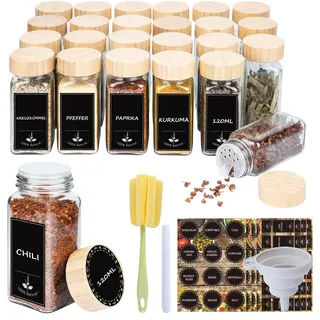 Ferghana Gewürzgläser Eckig Set,24x120ml Gewürzdosen Set,Spice Jars mit Streueinsatz,Etiketten,Reinigungsbürste,Trichter,Stift,Versiegelung Gewürze Organizer,Gewürzstreuer,Gewürzbehälter,Bambusdeckel