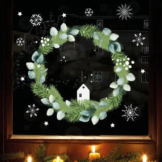 Fensterbild Weihnachten Weihnachtskranz Eukalyptus Deko Winter Schneeflocken Stern Holzoptik Fensteraufkleber Fensterdeko, 1. A4 Bogen