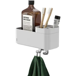 Tiger 2-Store Badezimmerablage mit integriertem Zahnbürstenhalter und Haken, Badregal für Dusche und Waschtisch zur Aufbewahrung von Badutensilien, Farbe: Weiß