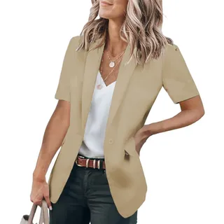 Sawmew Kurzarm Blazer Damen Einfarbig Business Anzug Sakko Blazerjacke Slim Fit Blazer mit Taschen Basic Jacke Strickjacke Damenjacke (Color : Khaki, Size : M)