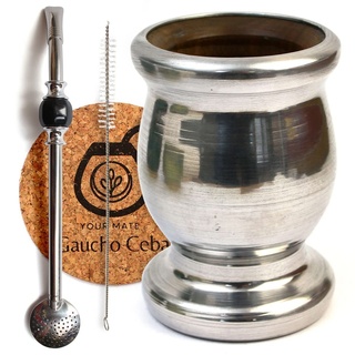 Palo Santo Mate Tee Becher Set | Edelstahl Trinkhalm Bombilla | Mate-tee Tasse Palo Santo aus Metall geschmiedet | Yerba Mate Accessoires Set Korkpolster Bürste