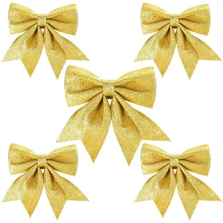 Aurasky Schleifen Weihnachten Gold, 5 Stück Weihnachtsbaum Schleifen Gold, Weihnachtsschleifen Grosse, Christmas Glitter Bows, Geschenk Weihnachtsdeko Schleifes 24&18cm