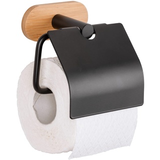 Turbo-Loc Toilettenpapierhalter Orea Bamboo mit Deckel, Rollen-Halter aus Schwarz matt lackiertem Edelstahl kombiniert mit Bambus-Befestigungselement, Befestigung ohne Bohren, 13,5 x 12 x 7 cm