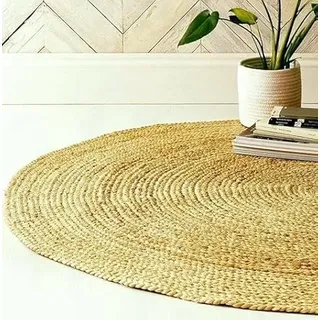 EcoKunst Jute Teppich Rund Wohnzimmer| Ø 300 cm| Modern Handgefertigt 100% Naturfaser Läufer | Boho Deco für Schlafzimmer, Küche, Outdoor, Flur - Beige, (EKR-J101)