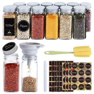 Ferghana Gewürzgläser Eckig Set,12x120ml Gewürzdosen Set,Spice Jars mit Streueinsatz,Etiketten,Reinigungsbürste,Trichter,Stift,Starke Versiegelung Gewürze Organizer,Gewürzstreuer,Gewürzbehälter