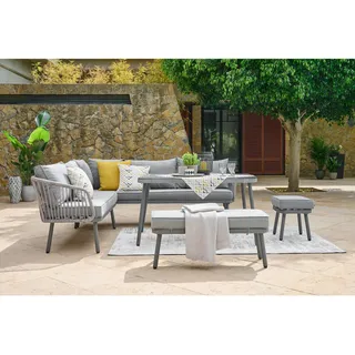 Ambia Garden Dining-Loungeset, Grau, Metall, Kunststoff, Glas, Textil, 5-teilig, Füllung: Schaumstoff, Polyester, 224x220 cm, Loungemöbel, Loungemöbel-Sets