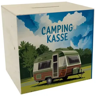 speecheese Spardose Wohnwagen auf Feld - Camping Kasse Spardose aus Holz