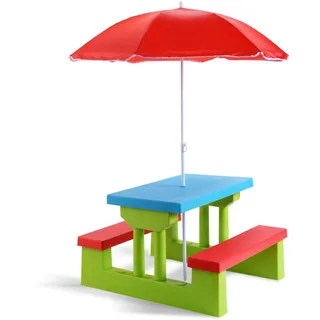 FANTASK Kinder Gartenmöbel, Kindersitzgruppe Outdoor mit Tisch & 2 Sitzbänke, Kinder Picknicktisch mit Sonnenschirm, Kindersitzgarnitur für Hinterhof, Terrasse (Bunt)