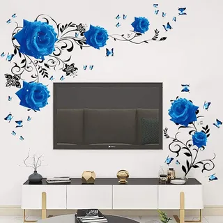 Wandtattoo, Blaue Rosen – Wanddekoration Mit Blauen Pfingstrosen – Vinyl-wandkunst Für Die Tv-wand Im Schlafzimmer