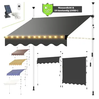 Melko Klemmmarkise Klemmmarkise mit LED Sonnenschutz Markise Balkon Fenstermarkise (Stück, Markise) Gummierter Standfuß für besseren Halt grau 350 cm