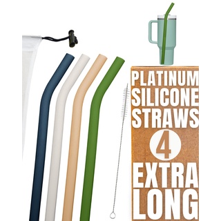 Purifyou Platin-Silikon-Trinkhalme, 35.6 cm, extra lang und breit für Boba und Smoothies,weiche, wiederverwendbare Trinkhalme mit atmungsaktiver Transporttasche und Bürste
