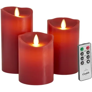Candela Lights LED Kerzen 3er Set Stumpenkerze rot Echtwachs mit Fernbedienung Timer Funktion & mehrstufig dimmbar bewegliche Flamme Echtwachskerzen