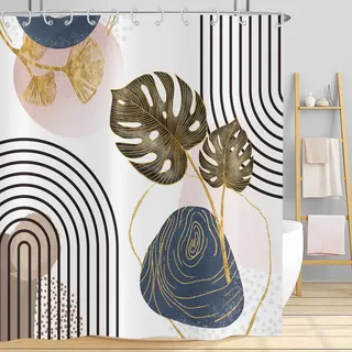 Hnmdmyi Duschvorhang Boho 90x180, Mid Century Abstrakte Tropische Blätter Marineblau Gold Rosa Moderne Geometrische Minimalistische Ästhetische Kunst Wasserdicht Stoff Waschbar Badewanne Vorhang