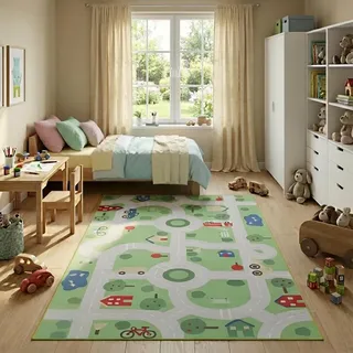 TAPISO Snooki Kinderteppich Kurzflor Stadt-Motiv Grün 180x250 cm | Kinder Teppich Strapazierfähig Pflegeleicht weich Deko OEKO-TEX