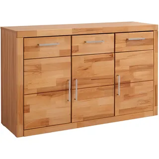 Sideboard OTTO HOME "Logo,130cm breit,42 cm tief, Fronten Massivholz,2 breite Fächer", beige (kernbuche teilmassiv), B:130cm H:80cm T:42cm, Holz teilmassiv, Sideboards, Sideboard, Holz massiv, Holzwerkstoff, Metall Griffe,3Türen,3Schubladen