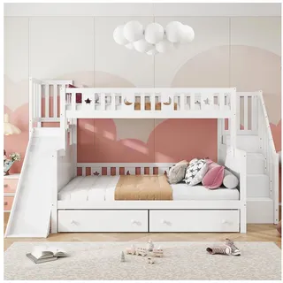 Odikalo Etagenbett Kinderbett 90x200 140x200 mit Rutsche & Stauraum (Kinderbett 90*200/140*200 cm, Massivholz-Etagenbett mit Rutsche und Regal mit Sicherheitsstufen, zwei großen Schubladen und Lattenrost, weiß)