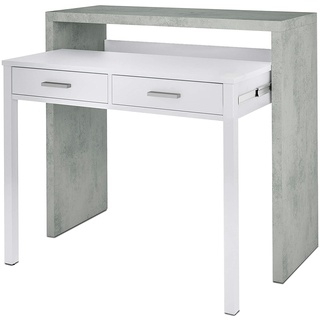 Dmora Konsolentisch Billings, Schreibtisch mit ausziehbarer Platte, PC-Schreibtisch mit 2 Schubladen, 99x36h88 cm, Zement und Weiß