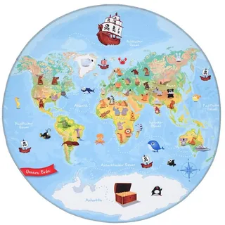 Böing Carpet Kinderteppich Weltkarte, rund blau rund | 100 cm x 100 cm