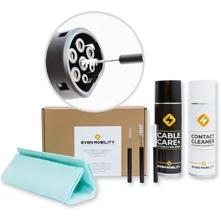 EVEN MOBILITY Reinigung und Pflegeset für EV Ladekabel Typ 2, Wallbox, Mobile Ladestation Wartungsset für Elektroauto Ladestecker/Buchse-Kontakreiniger, Bursten, UV-Schutzspray und Microfasertuch