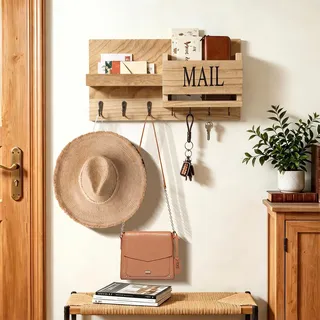 JKOKPMG Schlüsselbrett mit Ablage, Schlüsselbrett Holz mit 7 Haken Nutzt,Schlüsselhalter mit Edelstahlhaken,Schlüsselanhänger Wand Key Holder Wall Modern,Wandregal Schlüssel für Flur & Eingang