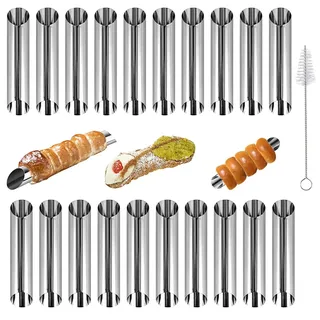 Cannoli Backform, 20 Stück Gerade Röhrchen Spritztüllen Schaumrollen Sahnerollen - Cannoli Röhrchen Edelstahl Kuchen Gebäck Spirale Horn Backform Backzubehör,Form mit Reinigungsbürste(12.5 x 2.5cm)