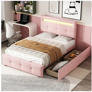 Celya Polsterbett Kinderbett Jugendbett 90x200cm mit LED-Leuchten, 2 Schubladen rosa