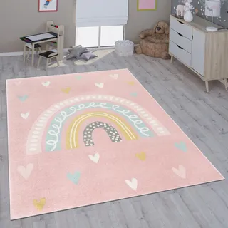 Paco Home Teppich Kinderzimmer Kinderteppich Mädchen Spielteppich Regenbogen Pastell Herz 120x160 cm - Rosa