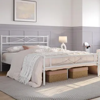 Yaheetech Metallbett 140 x 200 cm Bettrahmen mit Hohem Kopfteil Gästebett mit Lattenrost für Schlafzimmer Gästezimmer Viel Stauraum unter dem Bett Weiß