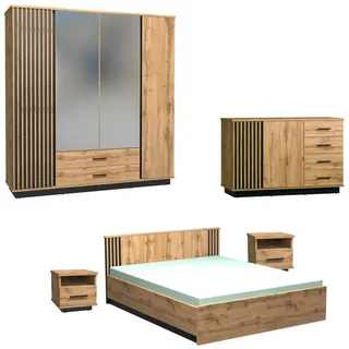 Deine Möbel 24 Komplettschlafzimmer LAMI D Schlafzimmer Möbelset in Wotan Eiche / Schwarz / Lamellen, (Modernes Design, Scandi, Industrial, Loft, 5-tlg., Viel Stauraum durch Schubladen, Bettkästen & großzügige Ablageflächen), Bett 160x200 mit Bettkasten, Kleiderschrank, Kommode & 2 Nachttische beige|schwarz