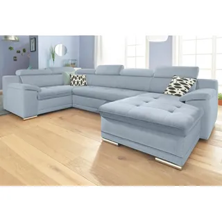 Wohnlandschaft SIT & MORE "Andiamo U-Form", blau (hellblau), B:336cm H:93cm T:193cm, Kunstleder SOFTLUX, Luxus-Microfaser ALTARA NUBUCK (100% Polyester), Struktur ( 100% Polyester), Sofas, mit Kopfteilverstellung, wahlweise mit Bettfunktion