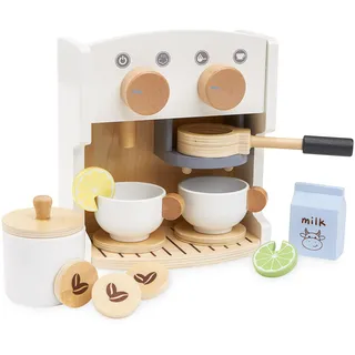 Mamabrum Holz-Kaffeemaschine Spielset für Kinder ab 3 Jahren – Barista-Rollenspiel mit Tassen, Zubehör & Zitrusscheiben – Kinderküche Kaffeevollautomat-Spielzeug (12 Teile)