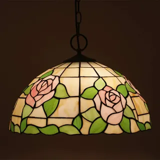 GDLight 40cm Tiffany Style Rose Pendelleuchte, Vintage Pastoral Floral Glasmalerei Decke Hängelampe für Schlafzimmer Wohnzimmer Insel Cafe Bar, E27,E