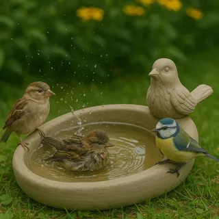 KAMACA Vogeltränke aus Stein Ovales Vogelbad mit Deko-Vogelfigur Wetterfest und frostfest Rustikale Gartendeko für Balkon Terrasse Garten Naturstein-Optik für Wildvögel Vogelbecken mit Vogelfigur