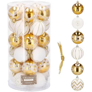 SPRINGOS Christbaumkugel 30 Stück 7 cm Gold, Weiß Ornamente Weihnachtsdeko Weihnachten