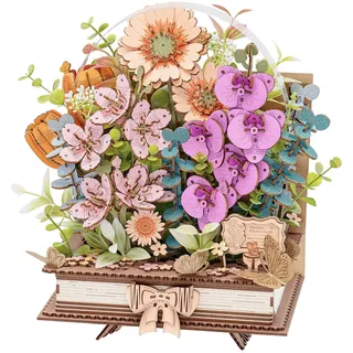 rowood 3D Holz Puzzle Blumen, Blooming Book, DIY Blumenstrauß Modellbausatz, Kreative Bastelsets für Erwachsene, Dekoratives Holzblumen Puzzle, Geschenk für Frauen und Männer