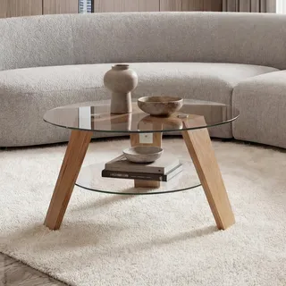 MCA Couchtisch HWC-P59, Beistelltisch Kaffeetisch Wohnzimmertisch, Massiv-Holz Glas rund Ø 75cm, Eiche
