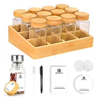 SIAZIH Umweltfreundliches Gewürzregal Holz mit 12 Bambusfächern | 12 120ml-Gewürzgläser Drawer Organizer | Gläsern Gewürzetiketten | Gewürzregal Stehend | Gewürz Organizer