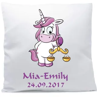 personalisiertes Kissen Sternzeichen mit Namen und Wunschtext ★ Einhorn pink ★ 40x40 cm inkl. Füllung (Waage, Vorderseite weiß/RS rot)