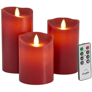 LC Home LED-Kerze Set Echtwachskerze Timerfunktion Fernbedienung LED Kerzen Dimmbar (Set, 3-tlg., LED Kerzen Set Stumpenkerzen mit Fernbedienung Timerfunktion dimmbar), LED Kerzen 3er Set in 7,5x10/12,5/15 oder 5er Set in 5x13/14/16/18/20 rot