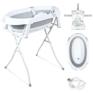 Ollewiellan Baby Badewanne mit Gestell, Babybadewanne mit Badematte, Abfluss, Gestell, Babybadewanne Faltbar, Babywanne mit Ständer Sicher für Ihr Baby - Babybadewanne Neugeborene