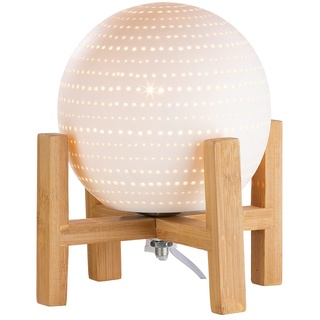 GILDE Porzellan Tischlampe - kleine runde Lampe Standlampe auf Holzfuß mit Lochmuster - Deko Wohnzimmer - Geschenke für Frauen - Farbe: weiss - Höhe 20,5 cm