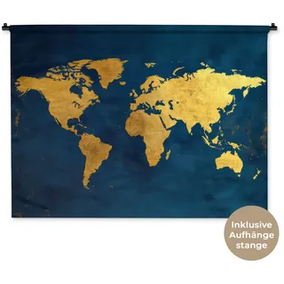 MuchoWow Wandteppich Weltkarte - Gold - Dunkelblau, Rechteckig, Höhe: 3 mm, Wanddeko Teppich Wohnzimmer, Schlafzimmer, 120x90 cm blau Rechteckig | 120 cm x 90 cm x 3 mm